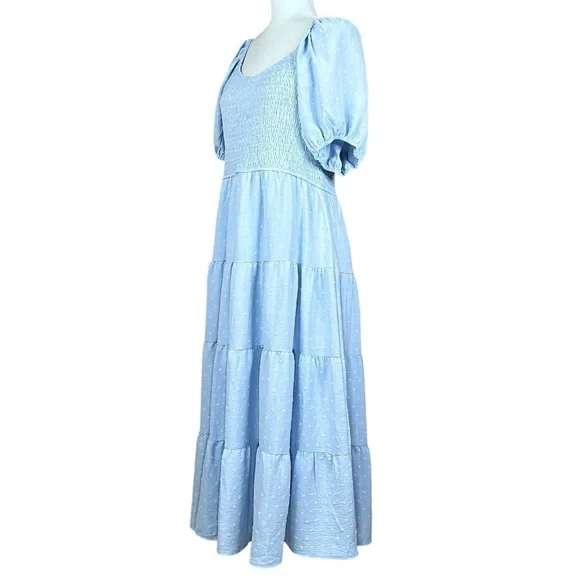 NEW PRETTY GARDEN L Maxi Dress Smocked Swiss Dot High Waist V Neck Tiered Blue - Picture 6 of 15